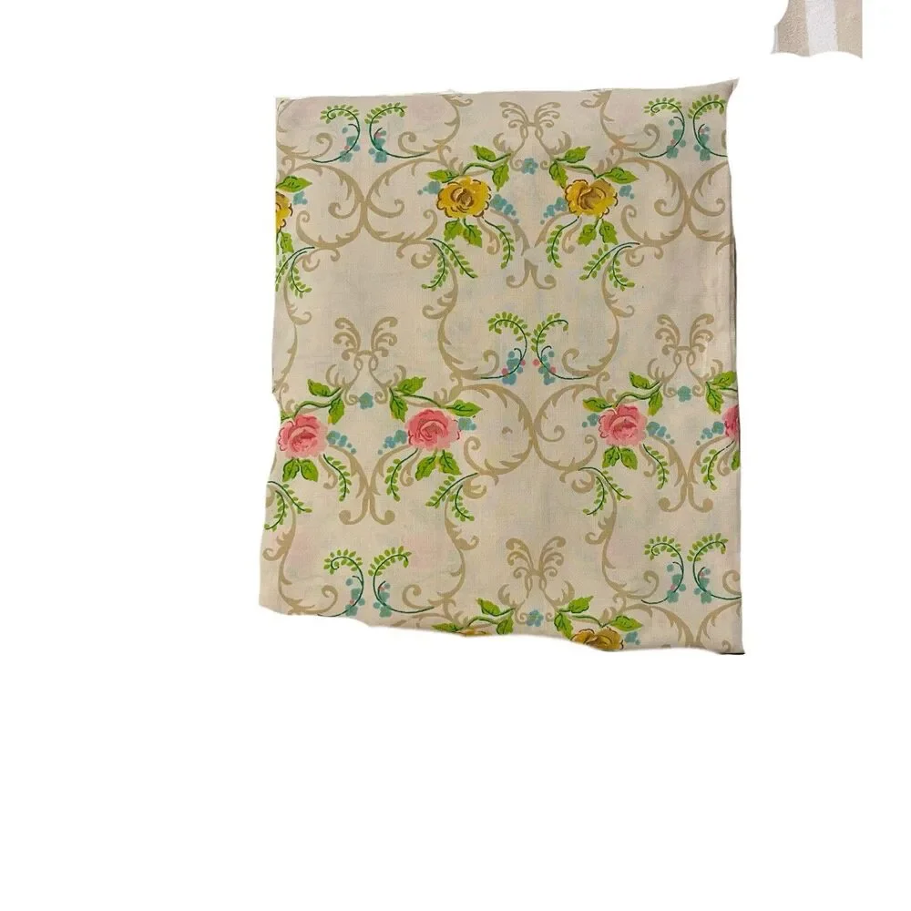 VTG Cannon Full Fitted Sheet Roses Pink Gold Scrolls Green Off White Craft Quilt